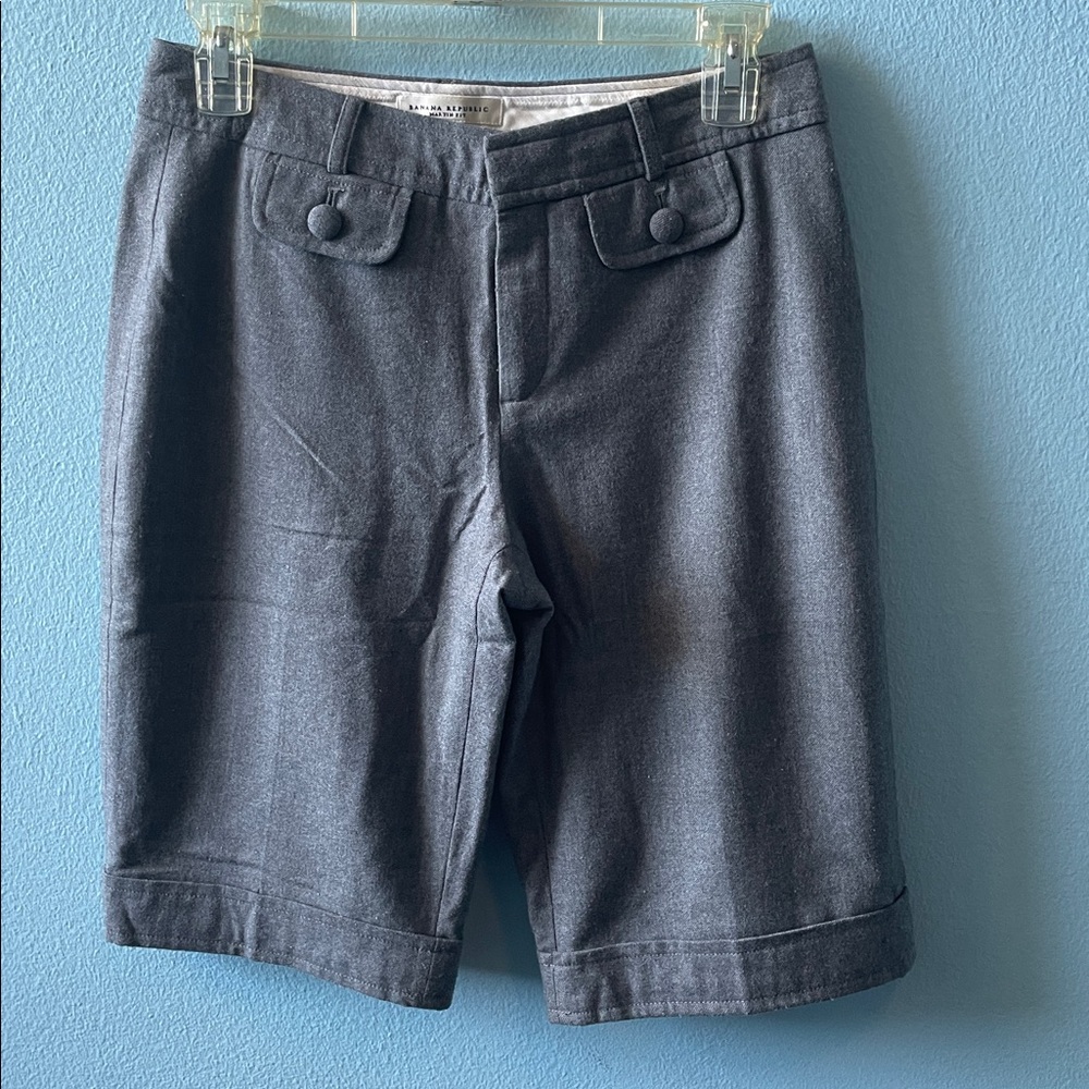 LOFT Gray Tailored Bermuda Shorts with Button-Flap Waist
